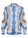 Versace Blue Shirt With Maxi Medusa Print On The Back And Baroque Pattern In Silk Man In Blau