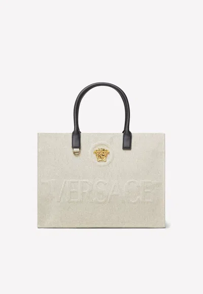 Versace Medusa Canvas Tote Bag In Ivory