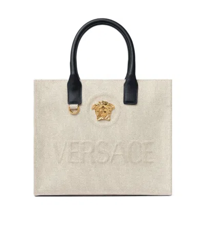 Versace Medusa Canvas Tote Bag In Nude