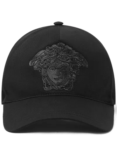 Versace Crystal Embellished Medusa Cotton Drill Baseball Cap In Black