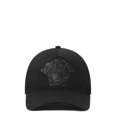 Versace Crystal Embellished Medusa Cotton Drill Baseball Cap In Black