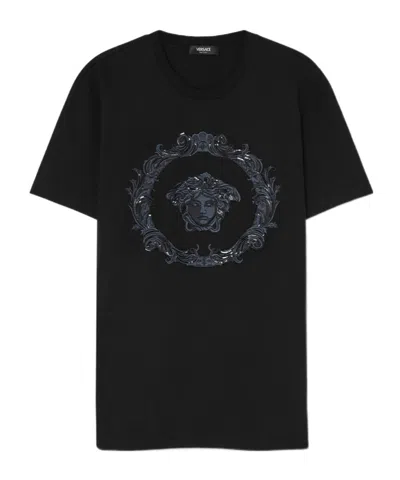 Versace Medusa Cartouche Cotton T-shirt In Black