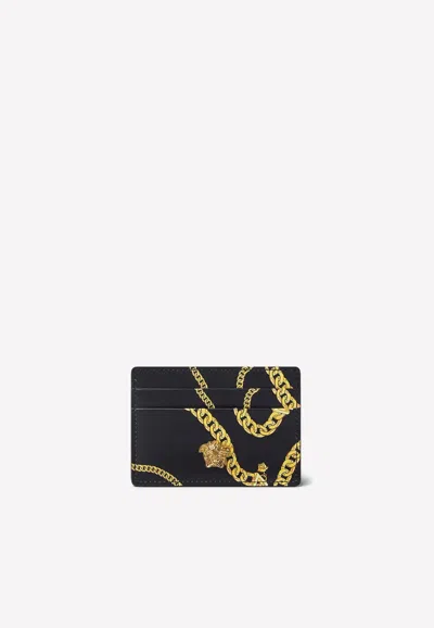 Versace Medusa Chain Cardholder In Calf Leather In Black