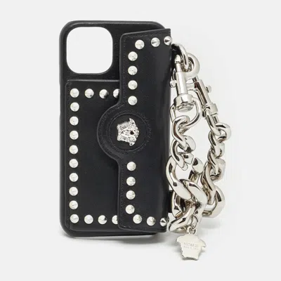 Pre-owned Versace Medusa Chain Iphone Cover Black Leather