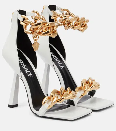 Versace Medusa Chain Leather Sandals In Optical White- Gold