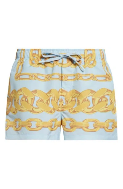 Versace Medusa Chain Print Swim Trunks In Pastel Blue Gold