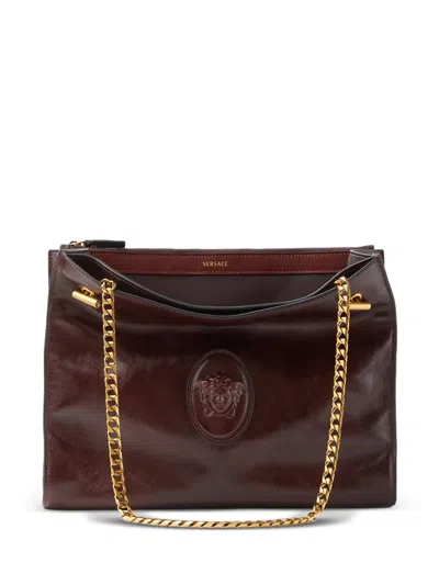 Versace Cabine Leather Shoulder Bag In Burgundy