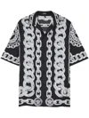 Versace Black And White Bowling Shirt With Cuban Collar And All-over Chain-link Print In Silk Man In Black