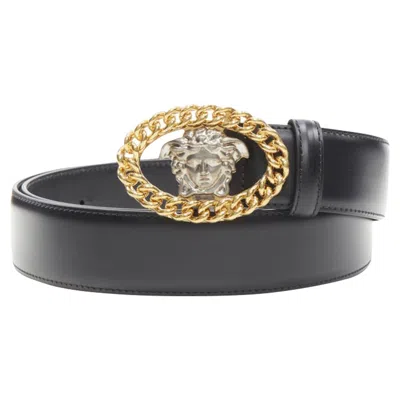 Versace Medusa Chain Silver Buckle Leather Belt In Black
