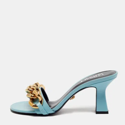 Pre-owned Versace Medusa Chain Size 37.5 Blue Leather Slide Sandals