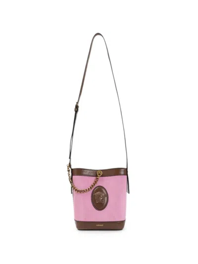 Versace Mini Pivot Bucket Bag In Leather And Suede In Pink