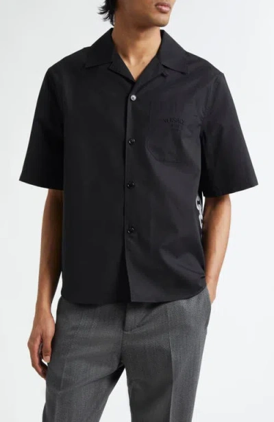 Versace Medusa Chains Cotton Poplin & Silk Camp Shirt In Black Silver