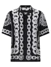 Versace Black And White Bowling Shirt With Cuban Collar And All-over Chain-link Print In Silk Man