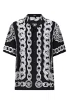 Versace Black And White Bowling Shirt With Cuban Collar And All-over Chain-link Print In Silk Man In Black