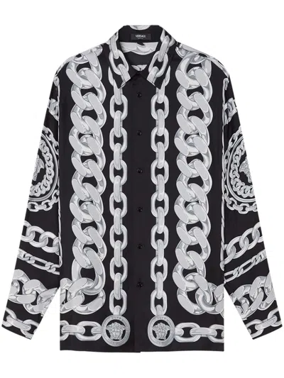 Versace Medusa Chains Silk Shirt In Black  
