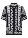 Versace Black And White Bowling Shirt With Cuban Collar And All-over Chain-link Print In Silk Man In Multicolor