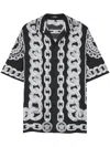 Versace Black And White Bowling Shirt With Cuban Collar And All-over Chain-link Print In Silk Man