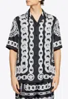 Versace Black And White Bowling Shirt With Cuban Collar And All-over Chain-link Print In Silk Man In Black