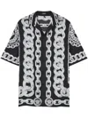 Versace Black And White Bowling Shirt With Cuban Collar And All-over Chain-link Print In Silk Man In Black