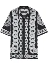 Versace Black And White Bowling Shirt With Cuban Collar And All-over Chain-link Print In Silk Man In Black