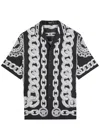 Versace Black And White Bowling Shirt With Cuban Collar And All-over Chain-link Print In Silk Man In Black