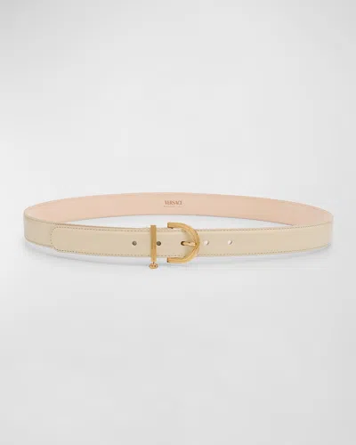 Versace Medusa Charm Leather & Brass Belt In Neutral