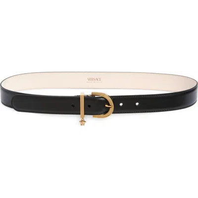 Versace Medusa Charm Leather Belt In Black- Gold