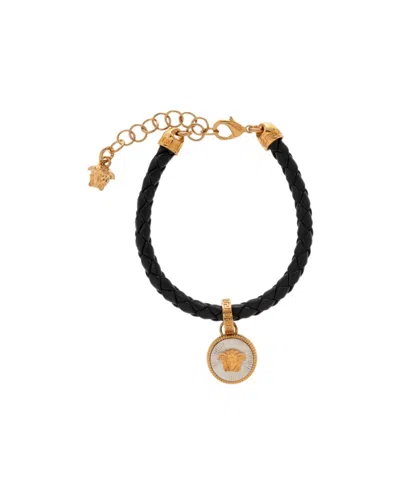 Versace Medusa Charm Leather Bracelet In Black