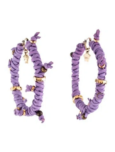 Pre-owned Versace Medusa Charm Leather Hoop Earrings In Purple