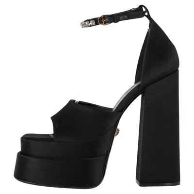 Pre-owned Versace Medusa Charm Satin Platform Sandals In Black