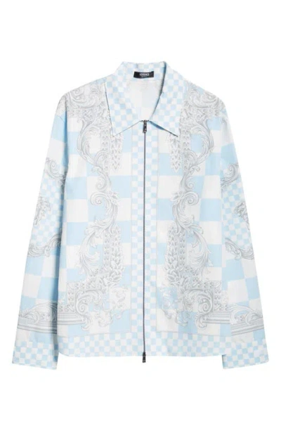 Versace Barocco-print Shirt Jacket In Pastel Blue Multi