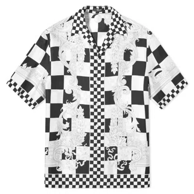 Versace Medusa Checkerboard Print Silk Shirt In Black