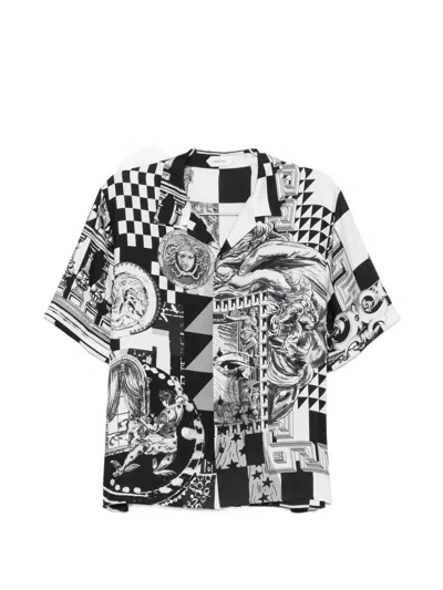 Versace Medusa Collage Print Silk Twill Shirt In Black
