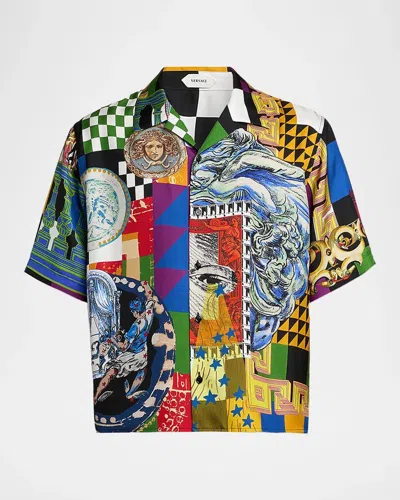 Versace Medusa Collage Silk Twill Camp Shirt In Multicolor