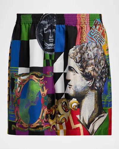 Versace Medusa Collage Silk Twill Shorts In Multi