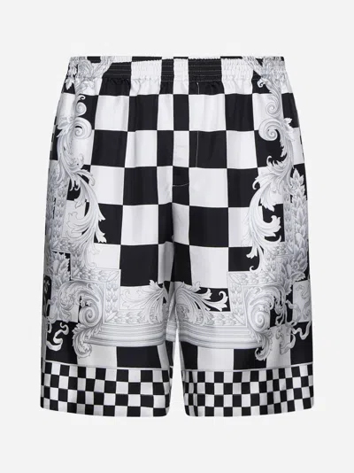 Versace Medusa Contrasto Print Silk Shorts In Black,white,silver