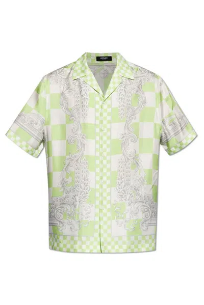 Versace Men's Checkered Medusa Silk Camp Shirt In Green+print