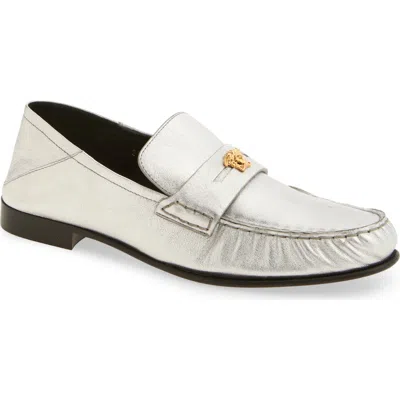 Versace Medusa Convertible Metallic Penny Loafer In Silver