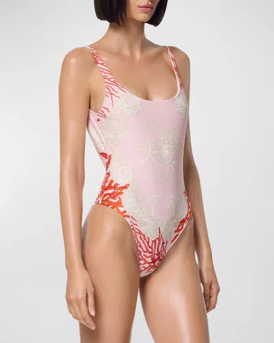 Versace Medusa Coral Printed One-piece Swimsuit In 5pb50 Dusty Rose Coral Bone