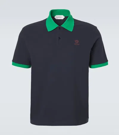 Versace Dark Navy Cotton Polo Shirt In Black