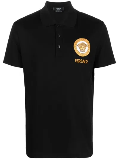 Versace Cotton Polo Shirt With Medusa Patch In Black