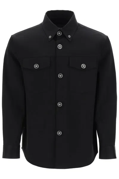 Versace Men's Black Cotton Twill Overshirt With Medusa Enamel Buttons