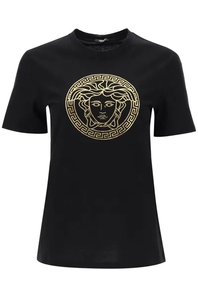 Versace Medusa Crew Neck T Shirt In Black Gold