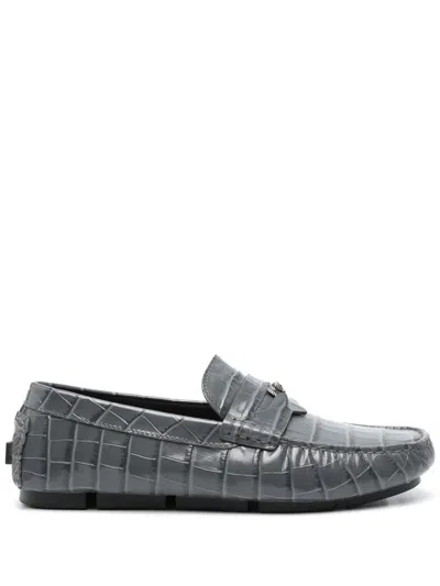 Versace Medusa Croc-effect Leather Loafers In 1ea3e-met- Rutenium