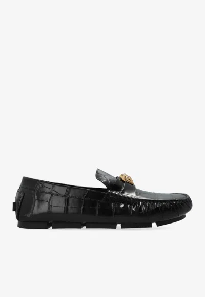 Versace Medusa Croc-embossed Leather Loafers In Black
