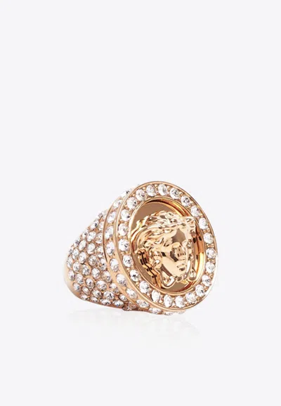 Versace Medusa Crystal Embellished Gold Plated Ring