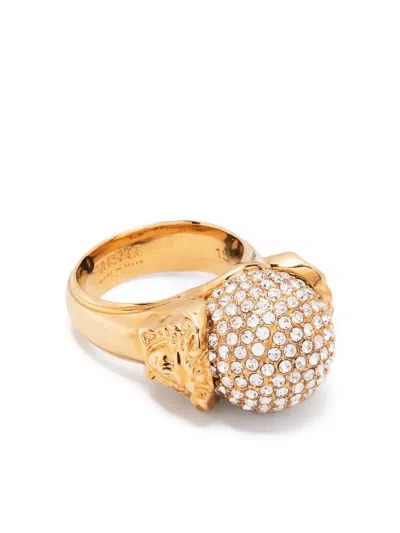 Versace Crystal-embellished Round Rings Gold Tone In Grey