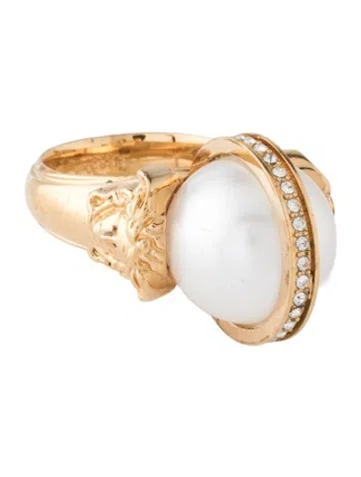 Pre-owned Versace Medusa Crystal Pearl Ring In White