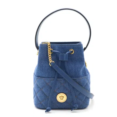 Versace Medusa Denim Leather 2way Handbag In Blue