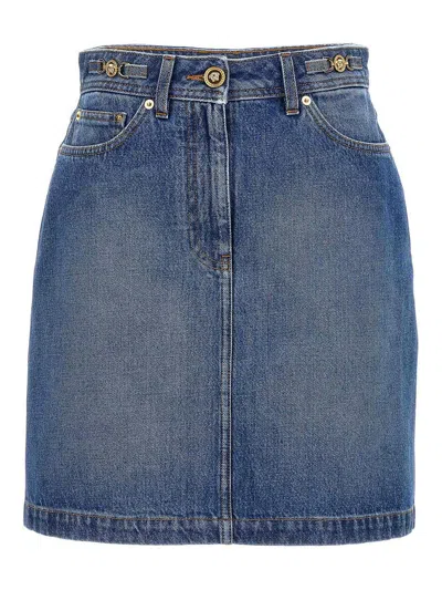 Versace Cotton Denim High Waist Mini Skirt In Blue